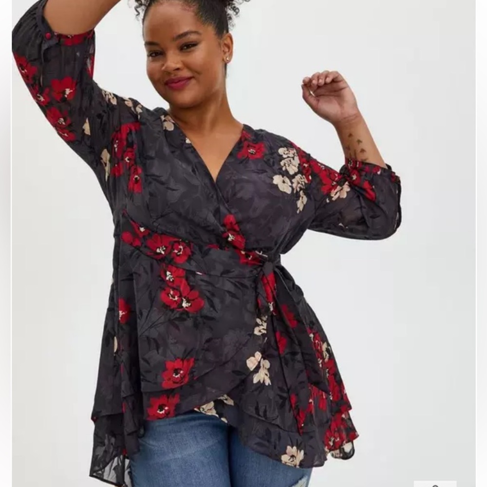 Torrid Moody Floral High Low Wrap Tunic Blouse
